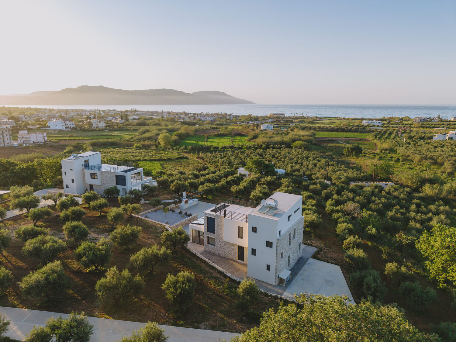 Aerial view of Satori villas and olive grove